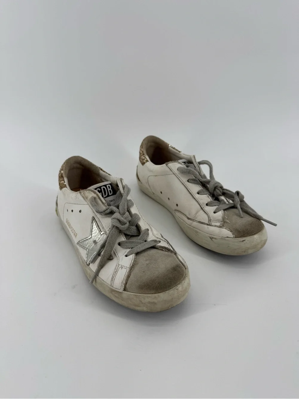 Kids Golden Goose White & Silver Superstar Sneaker with Gold Glitter Heel